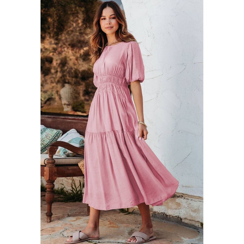 Pink HAPPY DAYS PUFF SLEEVE MIDI DRESS - SAGE - LAST CHANCE